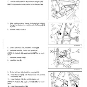 May include: Diagram illustrating the installation of bale forming rolls. The image shows step-by-step instructions with numbered components, including rolls, flanges, housings, bolts, grease lines, and a ring. Text instructions accompany the diagrams.