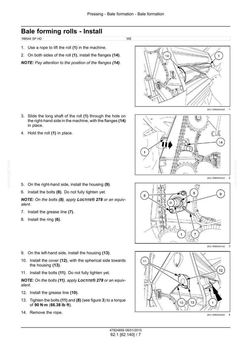 May include: Diagram illustrating the installation of bale forming rolls. The image shows step-by-step instructions with numbered components, including rolls, flanges, housings, bolts, grease lines, and a ring. Text instructions accompany the diagrams.