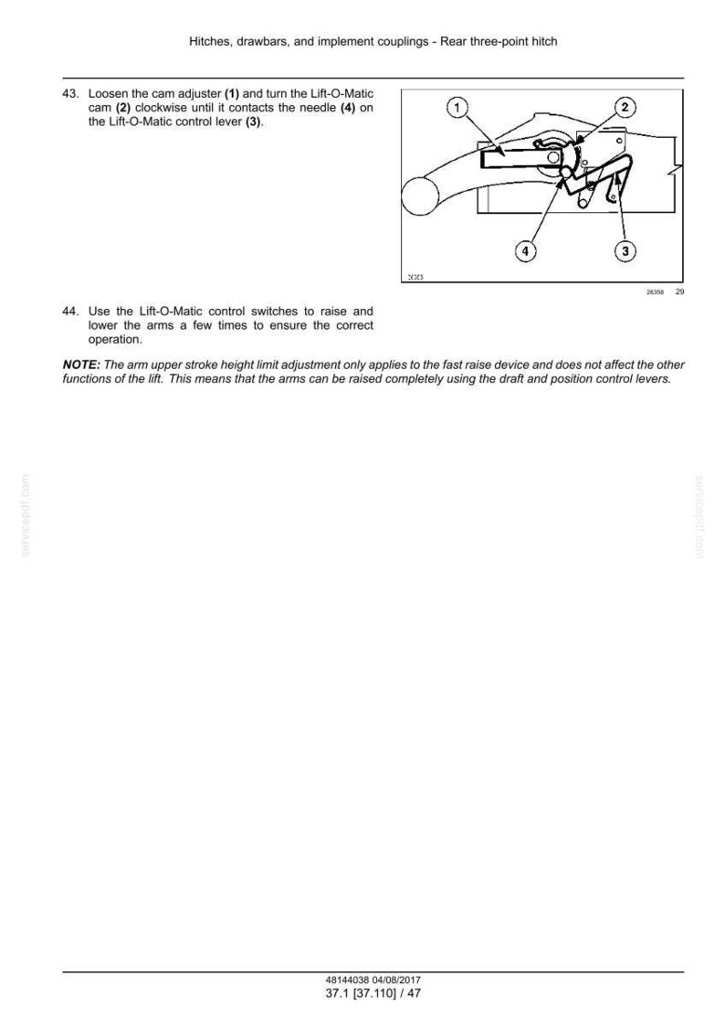 May include: Diagram of a rear three-point hitch with numbered components. Instructions include loosening the cam adjuster and turning the Lift-O-Matic cam. Text also explains the function of the control switches.