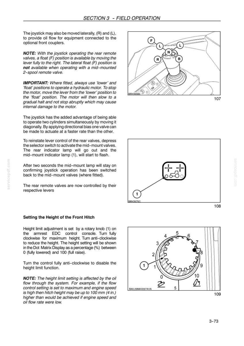 K&ouml;nnte beinhalten: Eine Seite aus einem technischen Handbuch mit dem Titel SECTION 3 - FIELD OPERATION, die Diagramme eines Joysticks mit Richtungsbeschriftungen F, L, R, N, einen Wahlschalter mit der Nummer 1 und einen Drehknopf von 0 bis 10 zeigt.