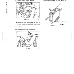 K&ouml;nnte beinhalten: Eine Seite aus einem technischen Wartungshandbuch mit drei schwarz-wei&szlig;en Strichzeichnungen, beschriftet als Fig. 4-36, Fig. 4-37 und Fig. 4-38. Die Diagramme veranschaulichen Verfahren zur &Uuml;berpr&uuml;fung des &Ouml;lstands im Lenkgetriebe, zum Austausch des Entlastungselements des Hydrauliktanks und zur Reinigung des K&uuml;hlers.