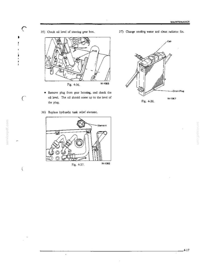 K&ouml;nnte beinhalten: Eine Seite aus einem technischen Wartungshandbuch mit drei schwarz-wei&szlig;en Strichzeichnungen, beschriftet als Fig. 4-36, Fig. 4-37 und Fig. 4-38. Die Diagramme veranschaulichen Verfahren zur &Uuml;berpr&uuml;fung des &Ouml;lstands im Lenkgetriebe, zum Austausch des Entlastungselements des Hydrauliktanks und zur Reinigung des K&uuml;hlers.