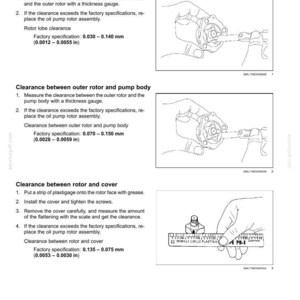 May include: Engine oil pump service instructions with diagrams. Includes measurements for rotor lobe clearance, clearance between outer rotor and pump body, and clearance between rotor and cover. Factory specifications are provided in inches and millimeters.