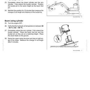 Puede incluir: Una p&aacute;gina de documento t&eacute;cnico titulada Hydraulic systems que muestra dos diagramas de una excavadora. El texto proporciona instrucciones para medir la deriva por gravedad de los cilindros y el cilindro de giro, incluyendo rangos de 50-60 C.