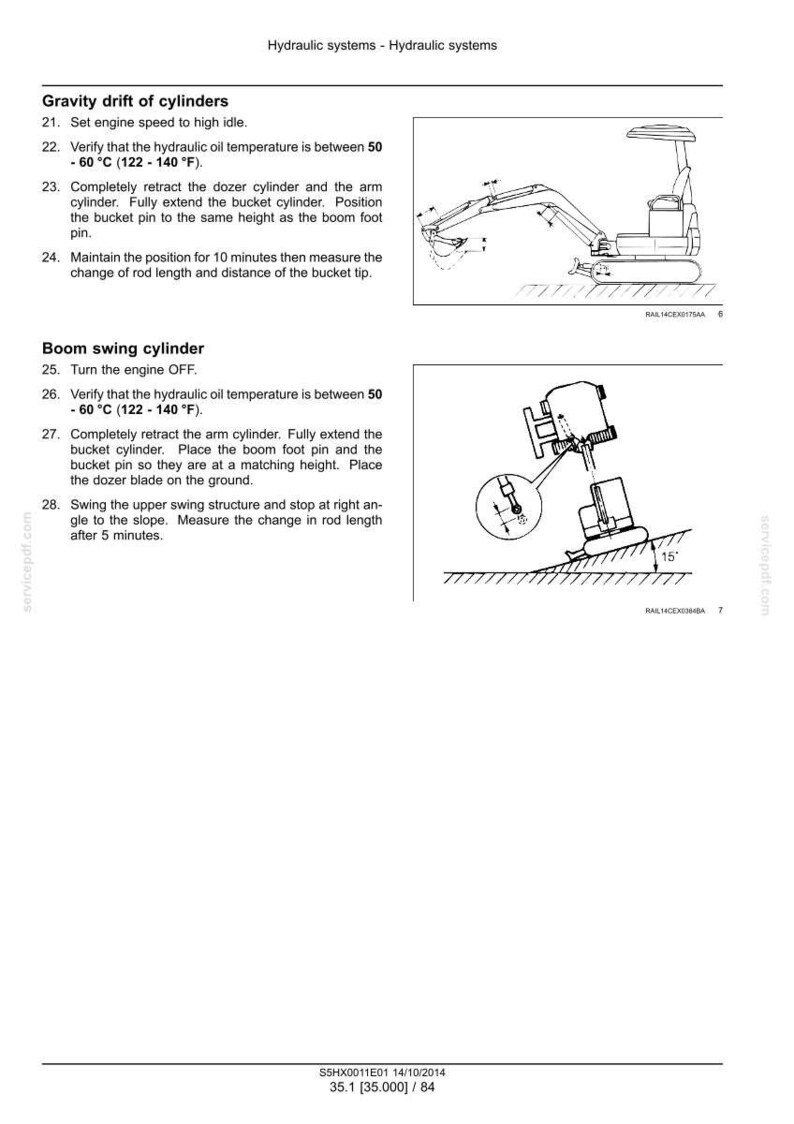 Puede incluir: Una p&aacute;gina de documento t&eacute;cnico titulada Hydraulic systems que muestra dos diagramas de una excavadora. El texto proporciona instrucciones para medir la deriva por gravedad de los cilindros y el cilindro de giro, incluyendo rangos de 50-60 C.