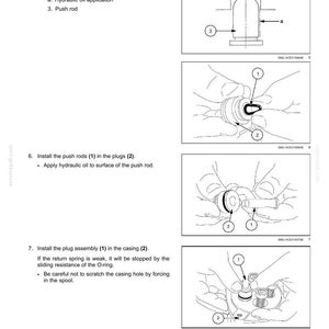 Op de afbeelding: Diagram met de installatie van hydraulische systeemcomponenten. De afbeelding toont genummerde onderdelen, waaronder afdichtingen, pluggen en duwstangen, met pijlen die de montagestappen aangeven. Tekstinstructies begeleiden de diagrammen.