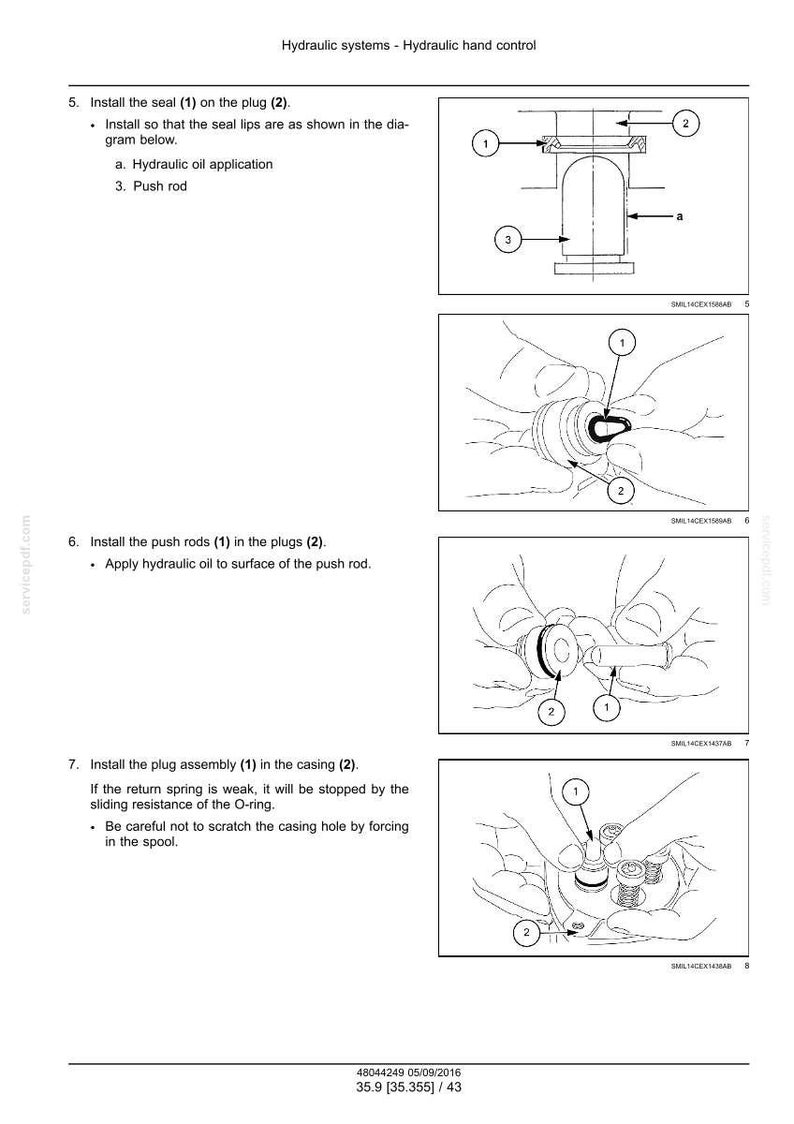 Op de afbeelding: Diagram met de installatie van hydraulische systeemcomponenten. De afbeelding toont genummerde onderdelen, waaronder afdichtingen, pluggen en duwstangen, met pijlen die de montagestappen aangeven. Tekstinstructies begeleiden de diagrammen.