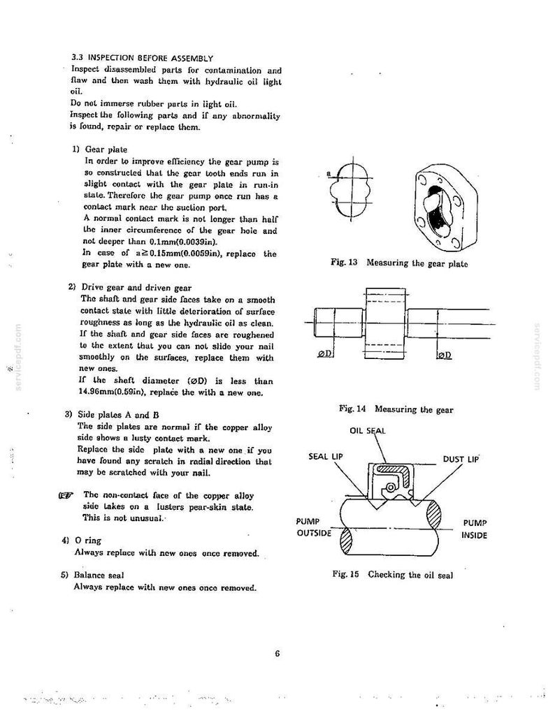 May include: A technical document page titled 3.3 INSPECTION BEFORE ASSEMBLY featuring three diagrams labeled Fig. 13 Measuring the gear plate, Fig. 14 Measuring the gear, and Fig. 15 Checking the oil seal, with text detailing maintenance procedures.