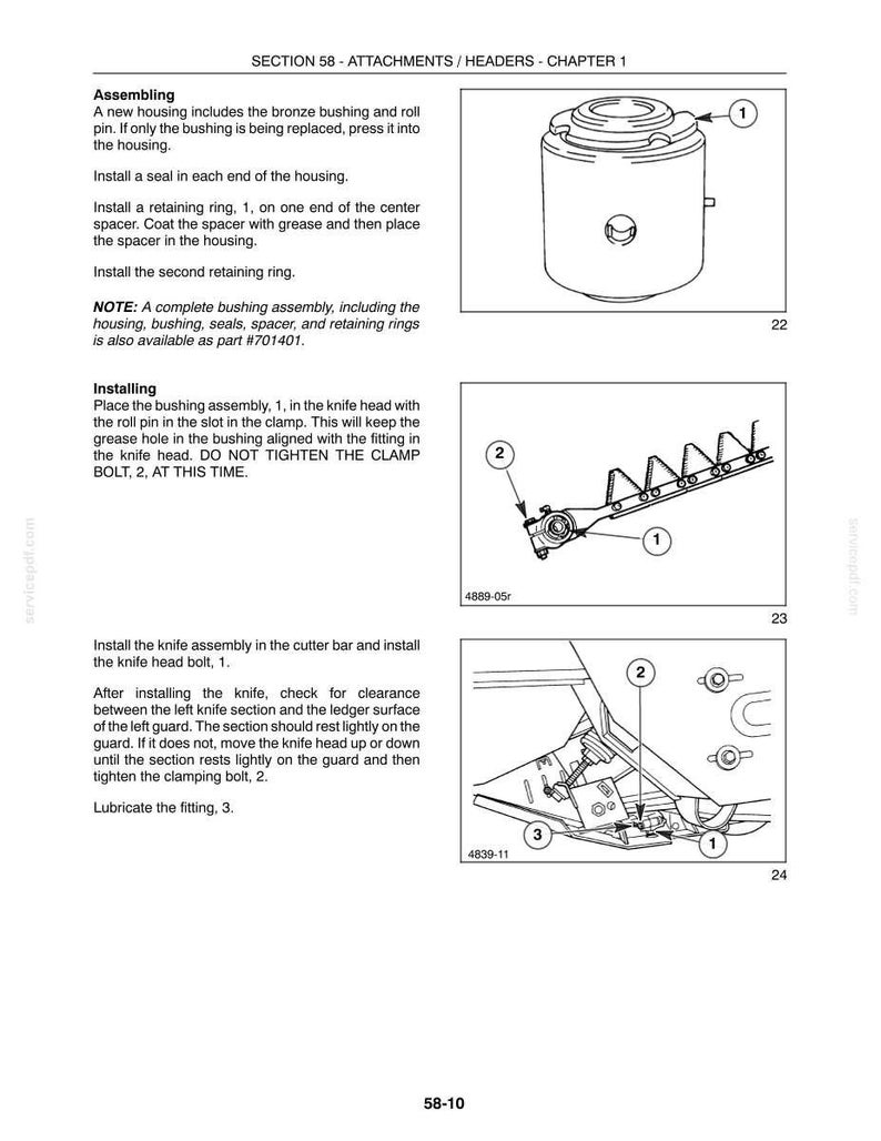 May include: A technical manual page titled SECTION 58 - ATTACHMENTS / HEADERS - CHAPTER 1, featuring three black and white line drawings of mechanical components labeled 22, 23, and 24, with numbered callouts and assembly instructions.