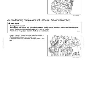 Pode incluir: Uma p&aacute;gina de manual t&eacute;cnico intitulada 7 - MAINTENANCE com diagramas de um motor e uma correia marcada com o n&uacute;mero 1. Inclui um aviso sobre riscos de emaranhamento, instru&ccedil;&otilde;es de paragem do motor e verifica&ccedil;&atilde;o de desgaste.
