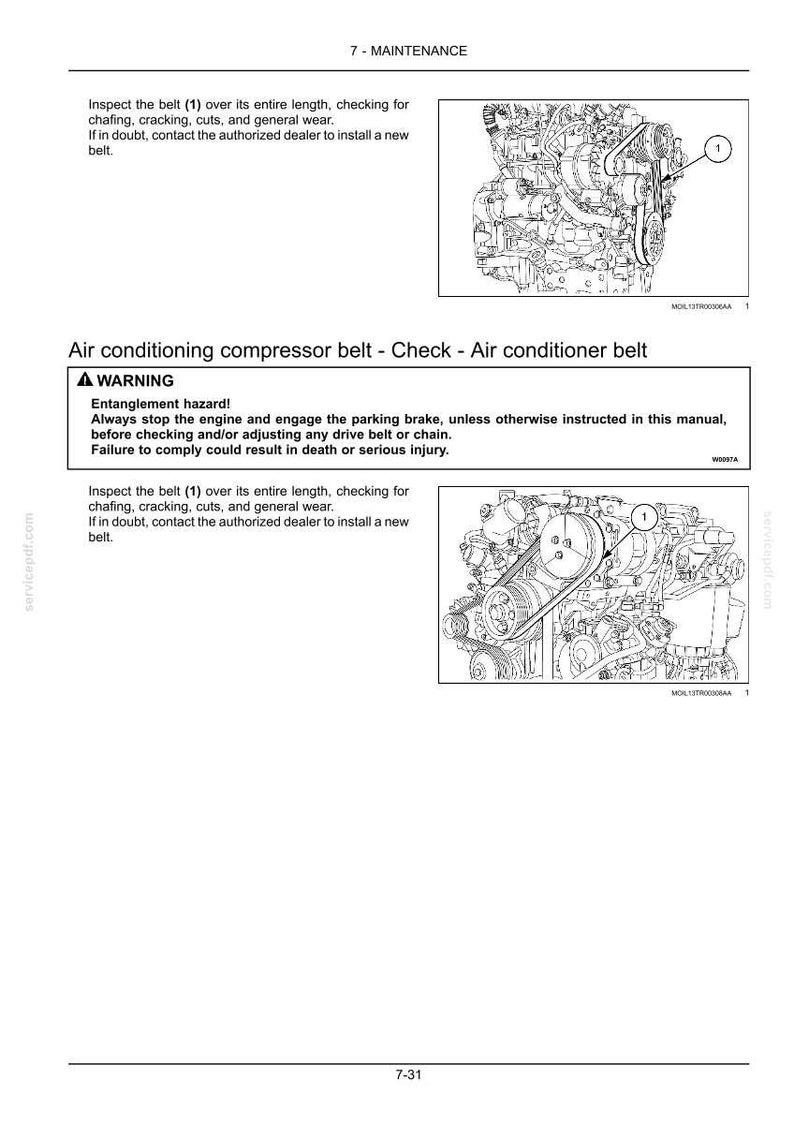 Pode incluir: Uma p&aacute;gina de manual t&eacute;cnico intitulada 7 - MAINTENANCE com diagramas de um motor e uma correia marcada com o n&uacute;mero 1. Inclui um aviso sobre riscos de emaranhamento, instru&ccedil;&otilde;es de paragem do motor e verifica&ccedil;&atilde;o de desgaste.