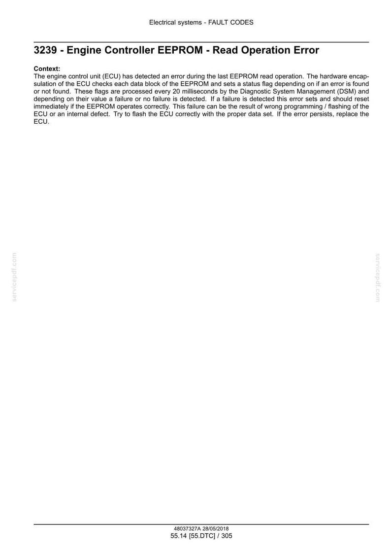 May include: A document titled "Electrical systems - FAULT CODES" with the text "3239 - Engine Controller EEPROM - Read Operation Error." The document provides context and details about an engine control unit error.