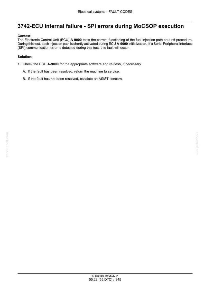 May include: A white document with black text detailing fault codes for electrical systems. The text includes the title "3742-ECU internal failure - SPI errors during MoCSOP execution" and instructions for troubleshooting.