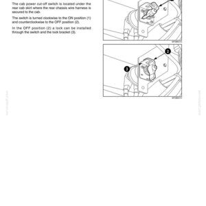 May include: A technical diagram showing a cab power cut-off switch with two illustrations. The top shows the switch in the ON position labeled 1. The bottom shows the switch in the OFF position labeled 2 with a lock bracket labeled 3 for security.