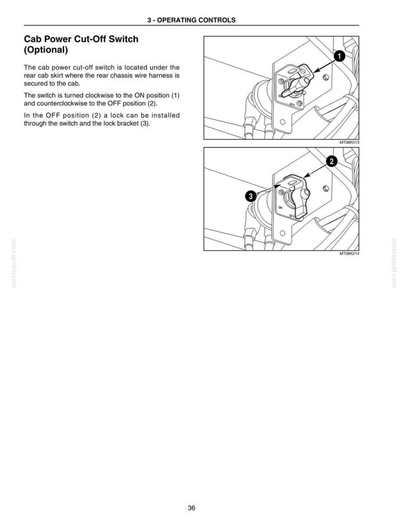 May include: A technical diagram showing a cab power cut-off switch with two illustrations. The top shows the switch in the ON position labeled 1. The bottom shows the switch in the OFF position labeled 2 with a lock bracket labeled 3 for security.