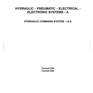 May include: A white document with the CASE IH Agriculture logo at the top. Text includes "HYDRAULIC - PNEUMATIC - ELECTRICAL - ELECTRONIC SYSTEMS - A" and "HYDRAULIC COMMAND SYSTEM - 14.A". Below are "Farmall 55A" and "Farmall 45A".