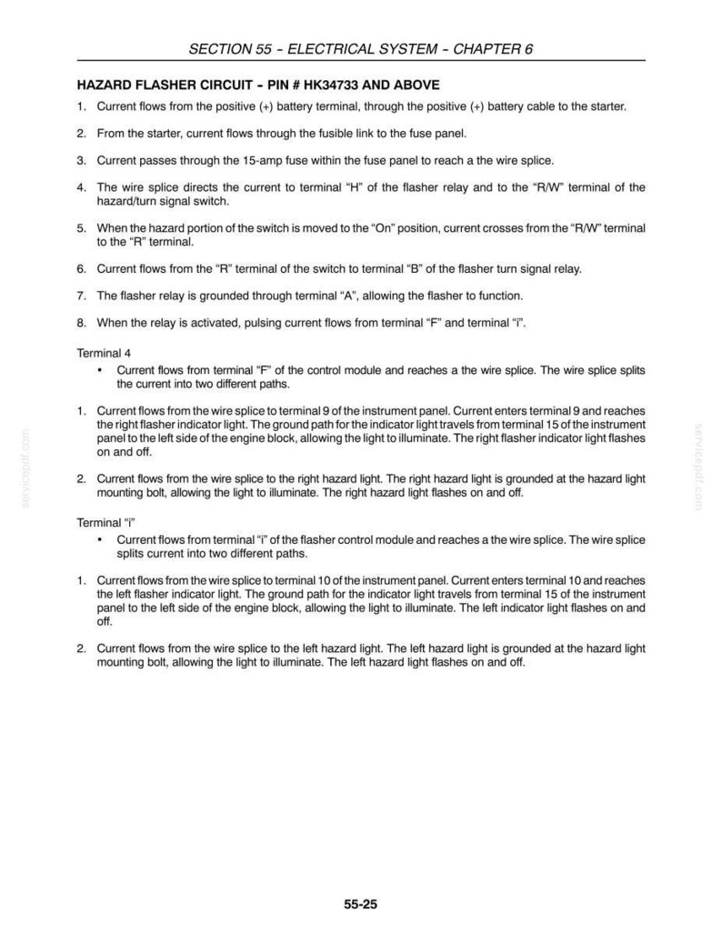 May include: A technical document page titled Section 55 - Electrical System - Chapter 6, detailing the Hazard Flasher Circuit for Pin # HK34733 and above. The text outlines the flow of current through terminals, fuses, and switches for indicators.