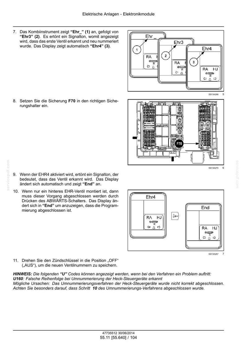 May include: A technical manual page titled Elektrische Anlagen - Elektronikmodule featuring black and white diagrams of an electronic display showing Ehr, Ehr3, Ehr4, and End, alongside a fuse box diagram with a highlighted F70 fuse.
