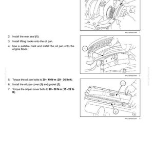 May include: Diagram illustrating the installation of an engine oil pan, including steps for installing seals, lifting hooks, and the oil pan cover. Instructions include torque specifications in lb ft.