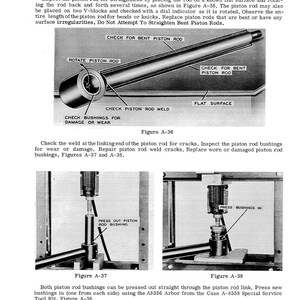 May include: Technical diagram showing piston rod inspection and repair procedures. Includes illustrations of checking for bends, welds, and bushing replacement. Text labels detail each step, with figures A-36, A-37, and A-38 providing visual guidance for automotive maintenance.
