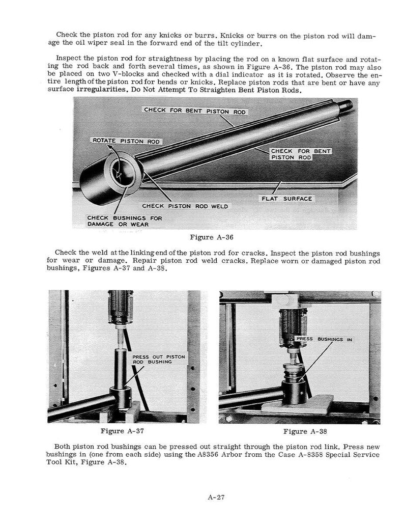 May include: Technical diagram showing piston rod inspection and repair procedures. Includes illustrations of checking for bends, welds, and bushing replacement. Text labels detail each step, with figures A-36, A-37, and A-38 providing visual guidance for automotive maintenance.