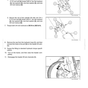 May include: Diagram of hydraulic system components, including bolts, washers, and a cylinder, with labels and arrows. Text instructions detail installation and torque specifications for the header tilt cylinder.