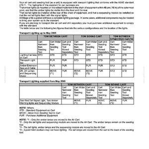 May include: A technical document titled DISTRIBUTION SYSTEMS - LIGHTING SYSTEM, featuring tables that outline transport lighting configurations for air carts and seeding tools, including notes on standard equipment and component movement requirements.
