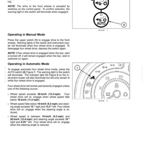 May include: A technical manual page titled 6-WORKING OPERATIONS detailing four wheel drive functions. It includes diagrams of tractor icons, switch labels 1 and 2, and an instrument cluster graphic with speed and steering angle specifications.