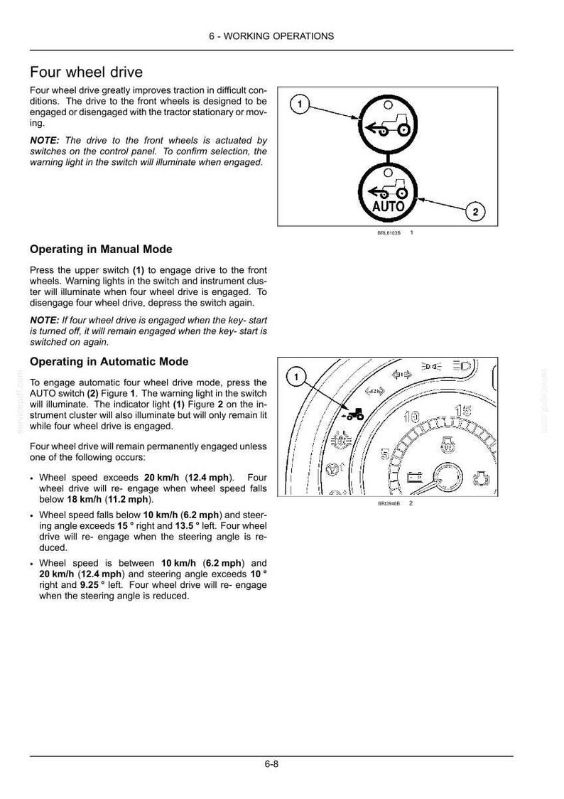 May include: A technical manual page titled 6-WORKING OPERATIONS detailing four wheel drive functions. It includes diagrams of tractor icons, switch labels 1 and 2, and an instrument cluster graphic with speed and steering angle specifications.