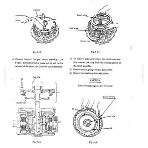 Op de afbeelding: Een pagina uit een technisch handboek met vier zwart-wit lijntekeningen, gelabeld Fig. 5-15 tot en met Fig. 5-18, die het demontageproces van een mechanische koppelingsconstructie illustreren, inclusief onderdelen zoals de koppelingsnaaf, platen en zuiger.