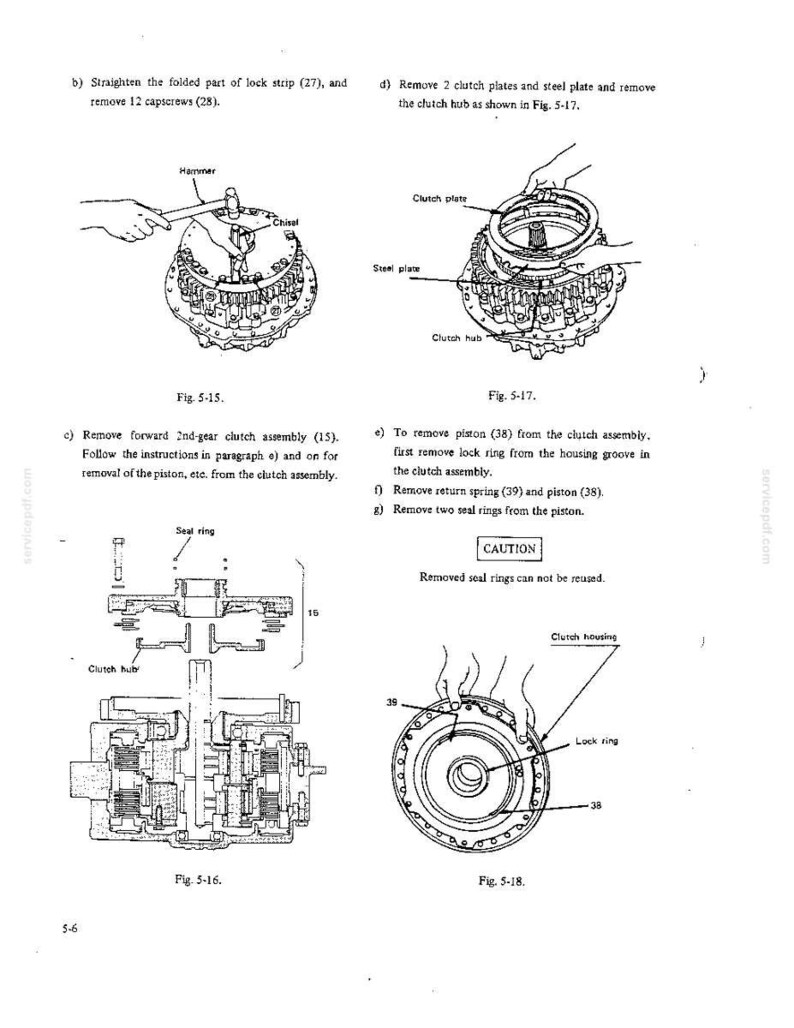 Op de afbeelding: Een pagina uit een technisch handboek met vier zwart-wit lijntekeningen, gelabeld Fig. 5-15 tot en met Fig. 5-18, die het demontageproces van een mechanische koppelingsconstructie illustreren, inclusief onderdelen zoals de koppelingsnaaf, platen en zuiger.