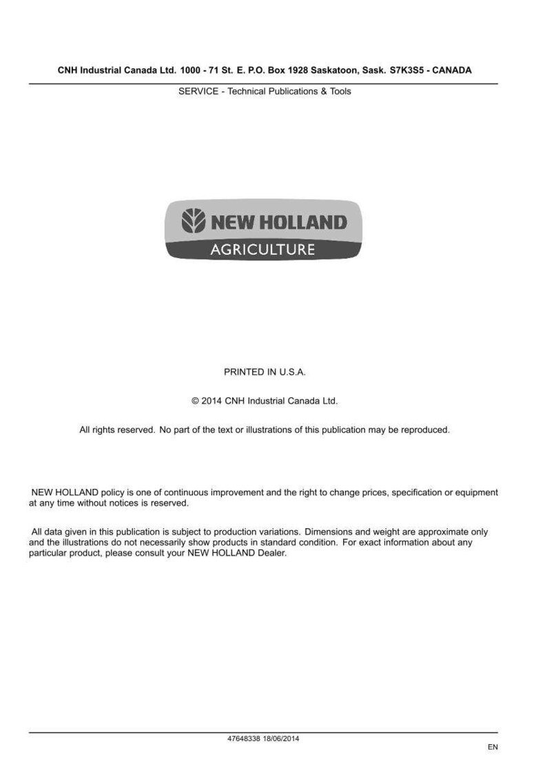 May include: A white document with the New Holland Agriculture logo in gray and white. The document includes text about technical publications and tools, copyright information, and a policy statement.