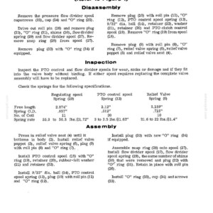 May include: A technical diagram detailing the disassembly, inspection, and assembly of a Case flow divider and PTO control valve. Includes specifications for springs, measurements in inches, and part numbers.