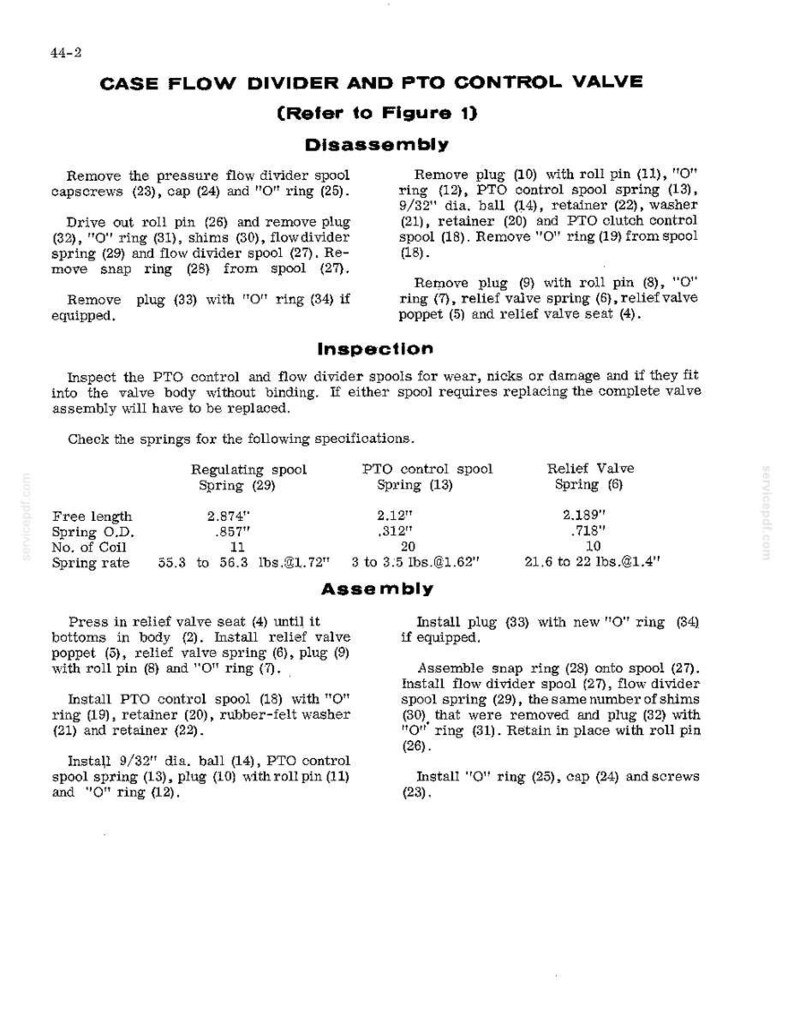 May include: A technical diagram detailing the disassembly, inspection, and assembly of a Case flow divider and PTO control valve. Includes specifications for springs, measurements in inches, and part numbers.