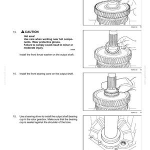 May include: Diagram of a threshing mechanism drive system, showing the installation steps for various components. Includes illustrations of gears, shafts, and bearing components. Text includes safety warnings and installation instructions.