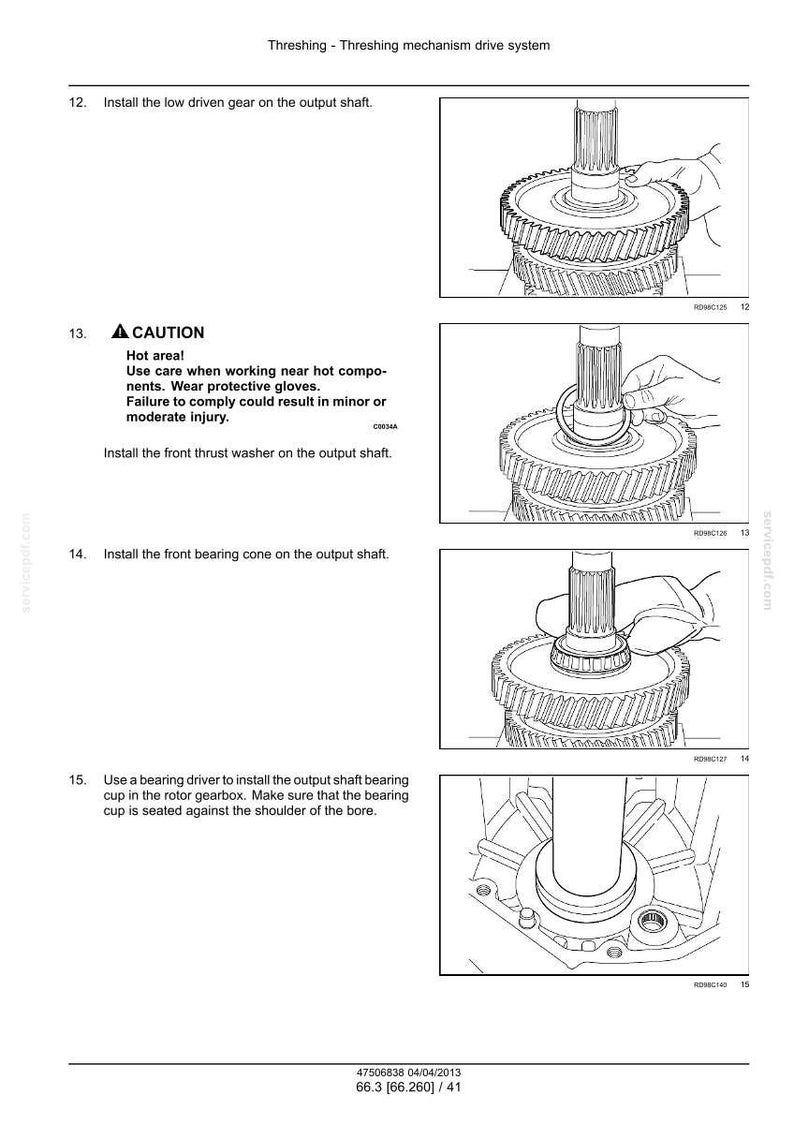 May include: Diagram of a threshing mechanism drive system, showing the installation steps for various components. Includes illustrations of gears, shafts, and bearing components. Text includes safety warnings and installation instructions.