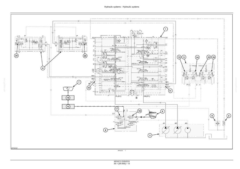 May include: A detailed technical diagram of a hydraulic system, featuring interconnected components, lines, and numbered labels. The diagram is predominantly black and white, with text at the top indicating "Hydraulic systems". The bottom of the diagram includes additional text and numbers.