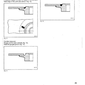 May include: Diagrams illustrating repair welding techniques, including a sharp radial crack along an unchamfered edge. The image includes figures 12, 13, and 14, with text describing counter-measures for the crack. The page number is 26.