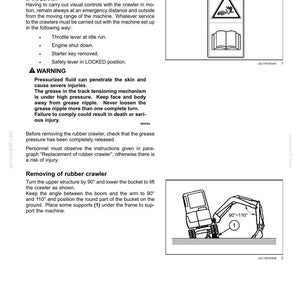 May include: A technical manual page titled 7-MAINTENANCE, detailing the replacement of a rubber crawler. It includes safety warnings about pressurized fluid, instructions for machine positioning, and two diagrams illustrating safety procedures.