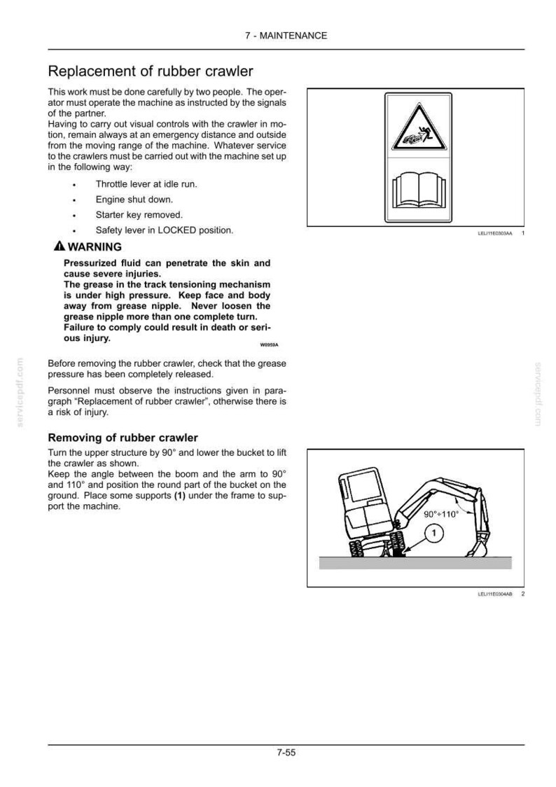 May include: A technical manual page titled 7-MAINTENANCE, detailing the replacement of a rubber crawler. It includes safety warnings about pressurized fluid, instructions for machine positioning, and two diagrams illustrating safety procedures.