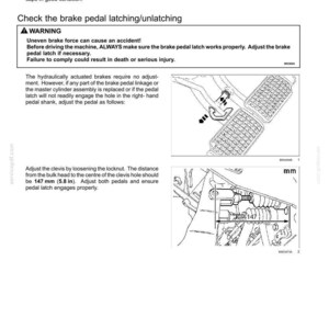 Puede incluir: Una p&aacute;gina de documento de mantenimiento t&eacute;cnico titulada Hydraulic system hoses y Check the brake pedal latching/unlatching. Incluye un cuadro de advertencia, instrucciones de texto y dos dibujos lineales en blanco y negro que muestran componentes del pedal de freno con una medida de 147 mm.