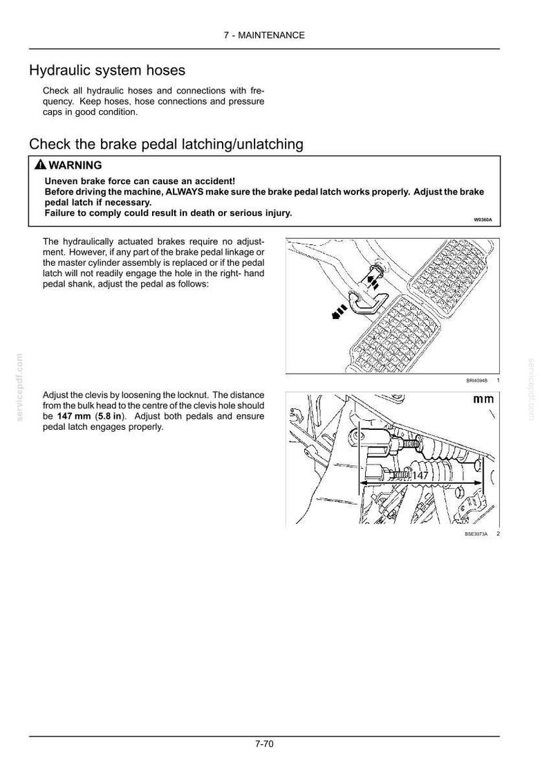 Puede incluir: Una p&aacute;gina de documento de mantenimiento t&eacute;cnico titulada Hydraulic system hoses y Check the brake pedal latching/unlatching. Incluye un cuadro de advertencia, instrucciones de texto y dos dibujos lineales en blanco y negro que muestran componentes del pedal de freno con una medida de 147 mm.