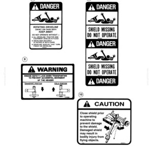 May include: A collection of four black and white safety decals labeled 7, 8, 9, and 10. Decal 7 warns of rotating drivelines. Decal 8 instructs on safety lock engagement. Decal 9 warns of missing shields. Decal 10 cautions to close shields before operation.