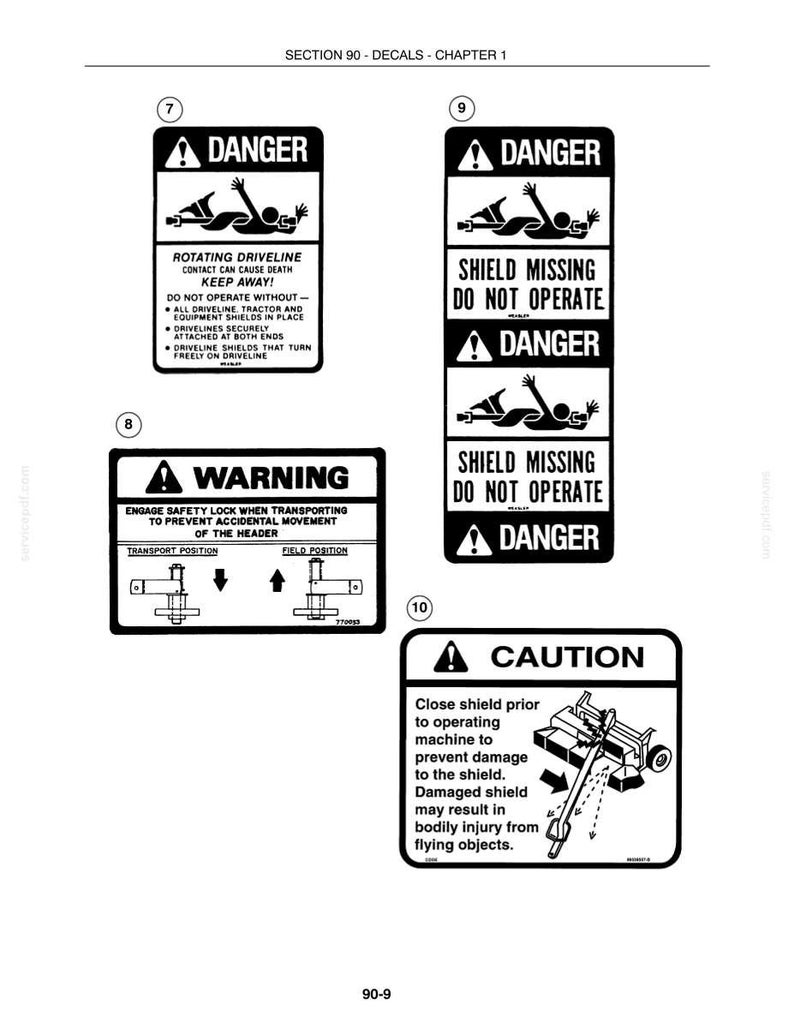 May include: A collection of four black and white safety decals labeled 7, 8, 9, and 10. Decal 7 warns of rotating drivelines. Decal 8 instructs on safety lock engagement. Decal 9 warns of missing shields. Decal 10 cautions to close shields before operation.
