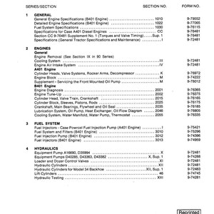 May include: A printed table of contents for a 1150 Crawler, featuring a list of sections and form numbers. The document includes sections on engines, fuel systems, and hydraulics. The text is in black on a white background.