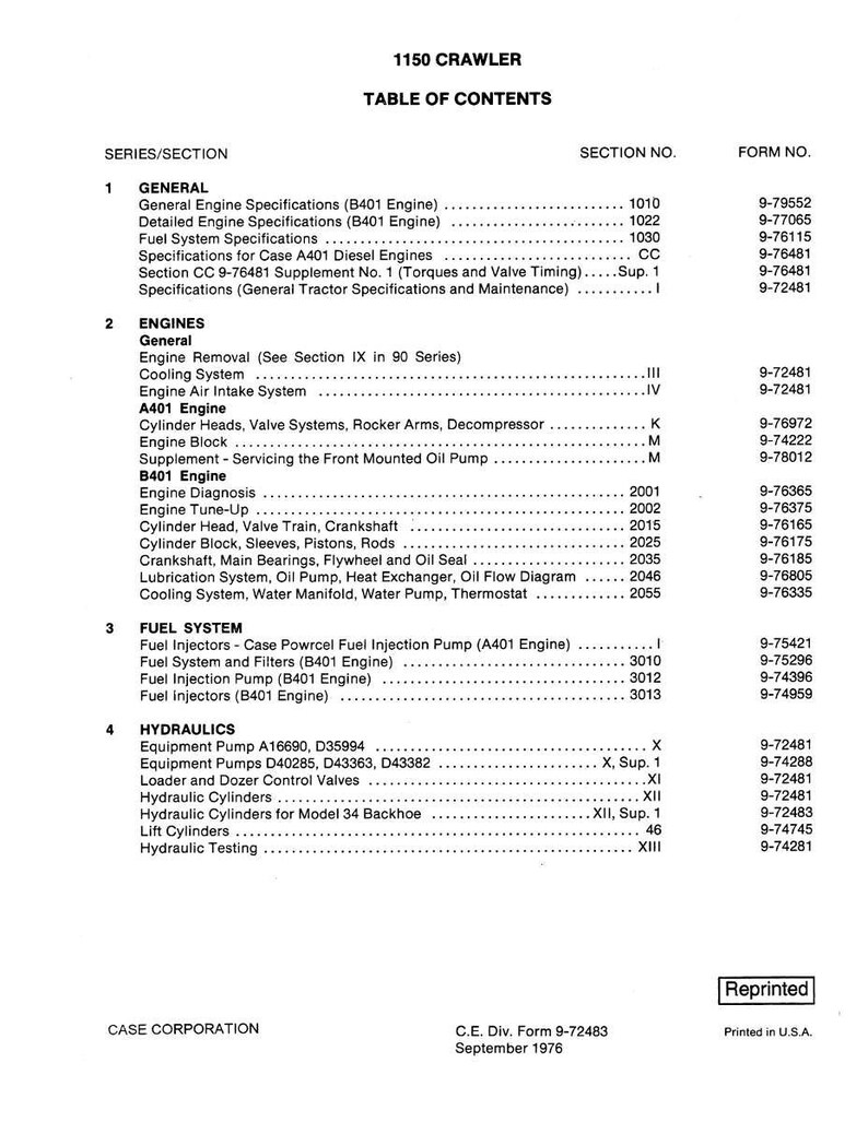 May include: A printed table of contents for a 1150 Crawler, featuring a list of sections and form numbers. The document includes sections on engines, fuel systems, and hydraulics. The text is in black on a white background.
