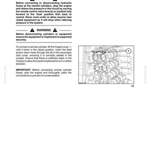 May include: A technical manual page titled SECTION 3 - FIELD OPERATION, detailing instructions for CONNECTING REMOTE CYLINDERS. It includes DANGER and WARNING safety notices, text instructions, and a line drawing showing a hinged cover labelled 1.