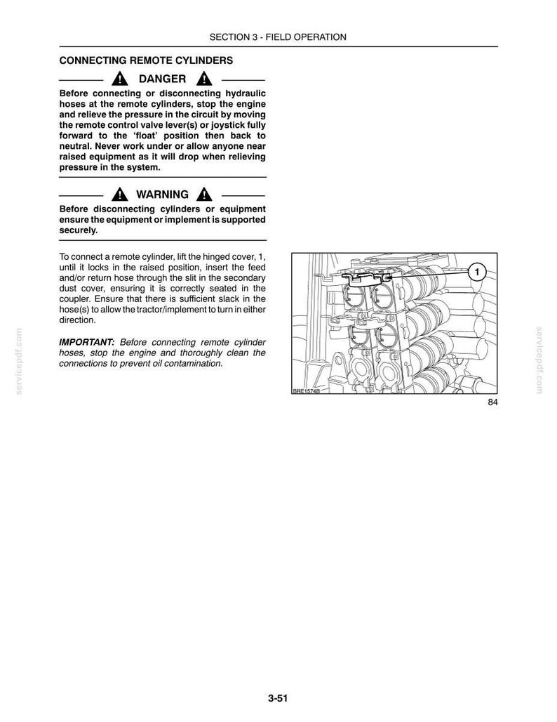 May include: A technical manual page titled SECTION 3 - FIELD OPERATION, detailing instructions for CONNECTING REMOTE CYLINDERS. It includes DANGER and WARNING safety notices, text instructions, and a line drawing showing a hinged cover labelled 1.