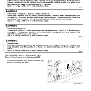 May include: A page from a maintenance manual with safety warnings about battery electrolyte levels. The page includes diagrams and instructions for battery maintenance, including warnings about acid burns and explosive gas.