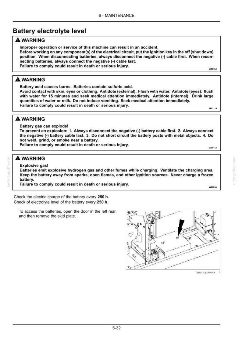 May include: A page from a maintenance manual with safety warnings about battery electrolyte levels. The page includes diagrams and instructions for battery maintenance, including warnings about acid burns and explosive gas.